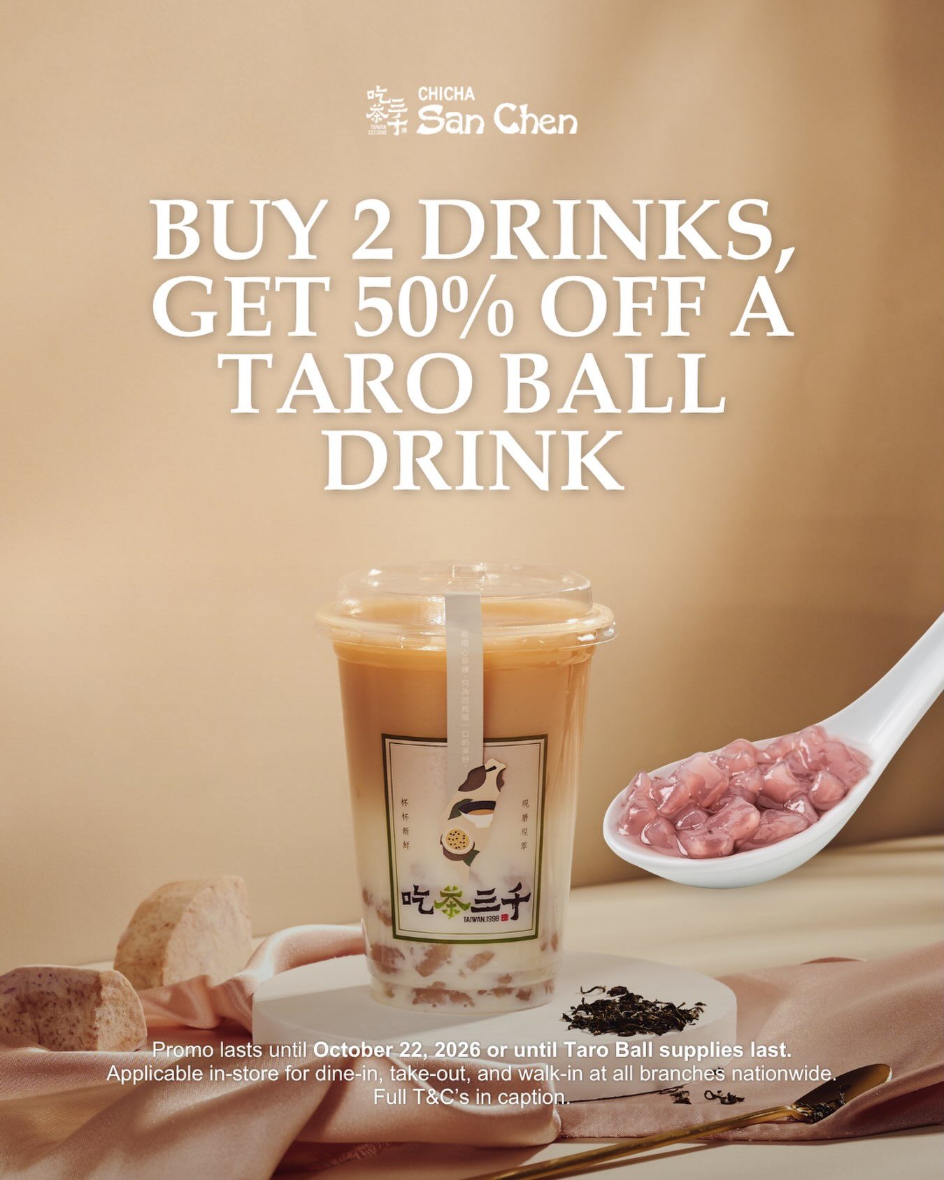 CHICHA San Chen: Buy Any 2 Drinks, Get 50% Off 1 Drink with Taro Ball