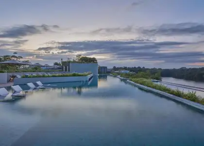 The hotel pool is nestled among lush trees, creating a serene and inviting atmosphere for guests.