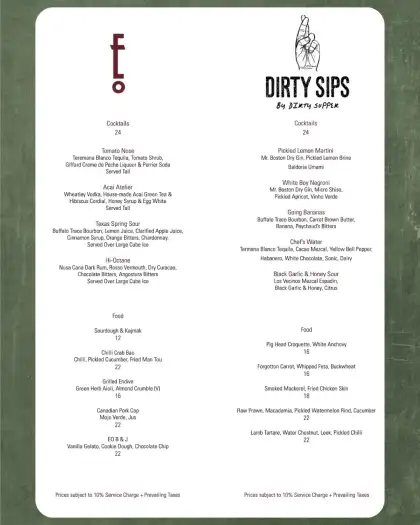 Employees Only x Dirty Supper, Dirty Sips event menu